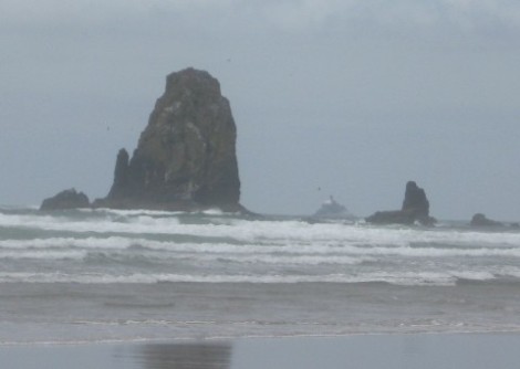 A seastack with Tillamook Rock Lighthouse in the distance.