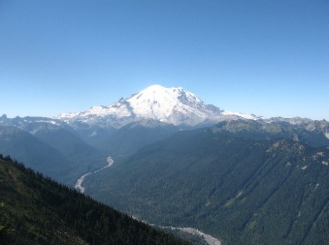 Mount Rainier from the top of the Crystal Mountain gondola.  That's the White River down below.